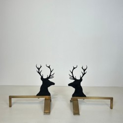 Pair of Black Lacquered Steel and Brass Stag Head Andirons, French circa 1970