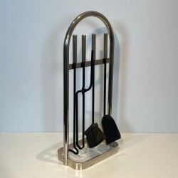 Modernist Black Lacquered and Chrome Fireplace Companion Set in Arch-Frame Stand, French circa 1970