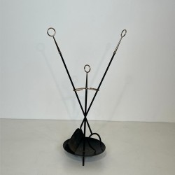 Modernist Black Lacquered Metal Fireplace Companion Set with Fan-Spread Tools, French circa 1970