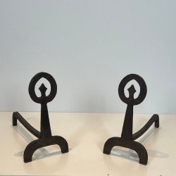 Pair of Modernist Blackened Iron Andirons with Ring Finials and Tripod Bases, French circa 1970