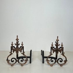 Large Pair of 19th Century Wrought Iron and Copper Andirons with Scrollwork and Flame Finials