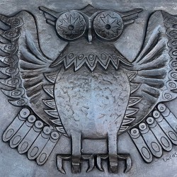 Modernist Cast Iron Fireback with Owl, Signed Lucas, Foundry Stern, French circa 1970