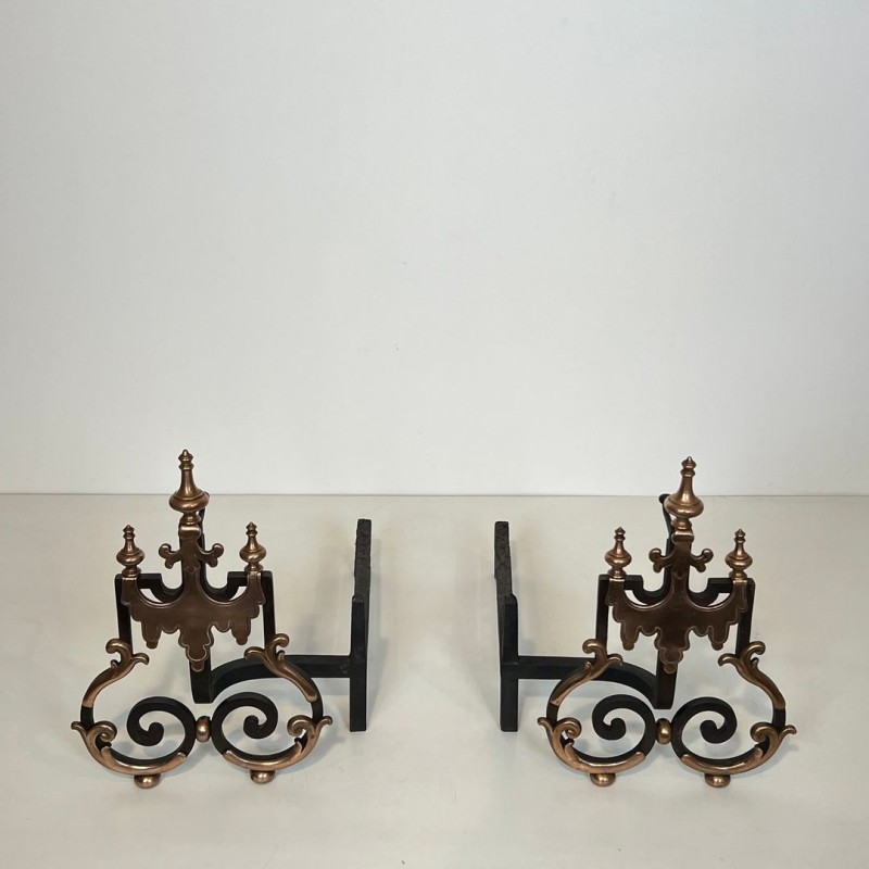 Large Pair of 19th Century Wrought Iron and Copper Andirons with Scrollwork and Flame Finials