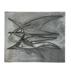 Modernist Cast Iron Fireback with Abstract Bird Motif, Signed, Foundry Stern, circa 1950