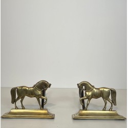 Pair of Bronze Full-Figure Horse Andirons on Flat Plinths, French circa 1920