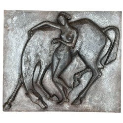 Large Cast Iron Fireback with Nude Woman and Horse, Art Deco Style, French circa 1970