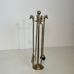 Neoclassical Brass Fireplace Companion Set with Horse Head Finials and Ball Finial Stand, circa 1950