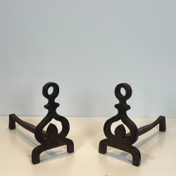 Pair of Wrought Iron Andirons with Knotwork Uprights and Ring Finials, French circa 1940
