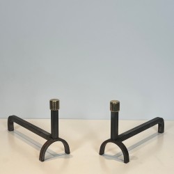 Pair of Modernist Wrought Iron and Brass Andirons with Forked Uprights, French circa 1970