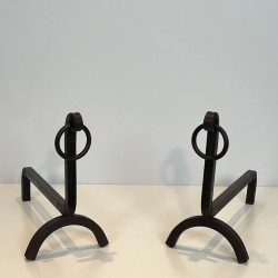 Pair of Modernist Wrought Iron Andirons with Ring Finials, French, circa 1940