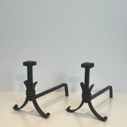 Pair of Modernist Wrought Iron Andirons in the Style of Jean Royère, circa 1940