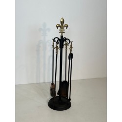 Neoclassical Fireplace Companion Set with Fleur-de-Lys Finial in Black and Brass, circa 1970