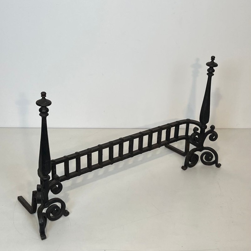 Wrought Iron Firedogs with Gothic Spire Finials and Connecting Bar Grille, French circa 1900