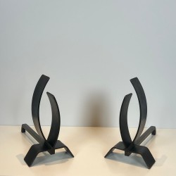 Pair of Modernist Flame-Form Steel Andirons on Flat Base, French, circa 1970