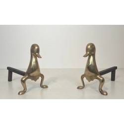 Pair of Stylised Brass Duck Andirons in the Taste of Les Lalanne, Circa 1970