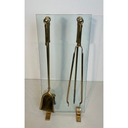 Modernist Glass and Brass Fireplace Companion Set with Hanging Tools, Circa 1970