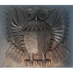 Modernist Cast Iron Fireback with Owl, Signed Lucas, Stamped by Stern Foundry, Circa 1970