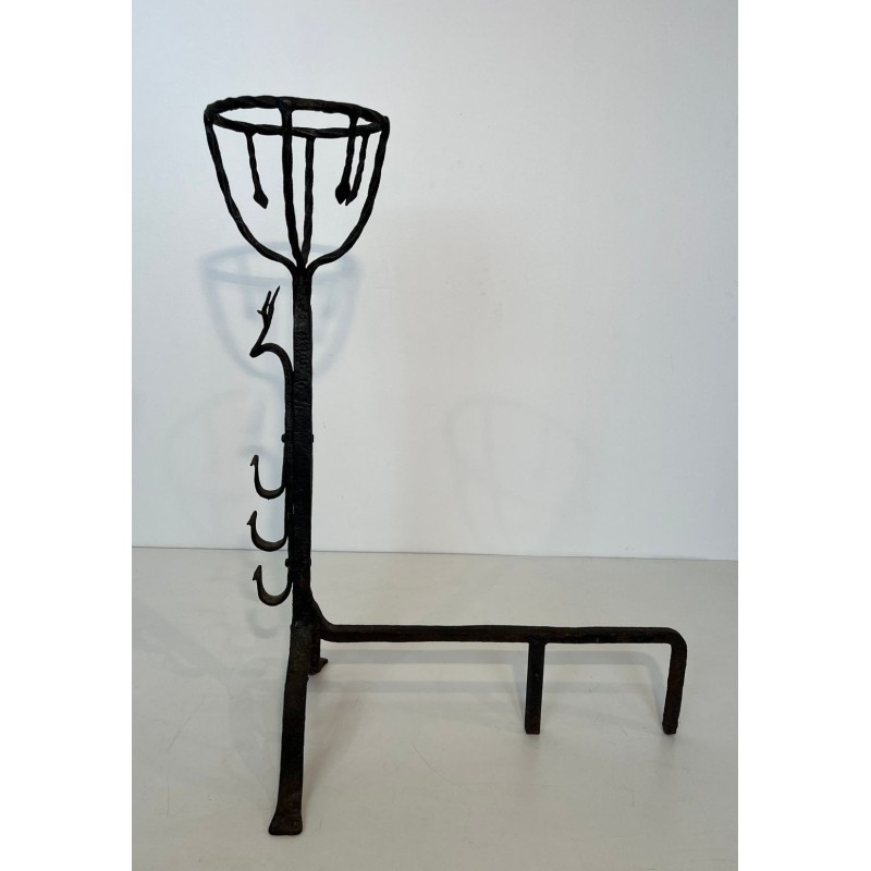 Important Pair of 19th Century Wrought Iron Landiers with Deer Head Finials
