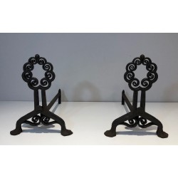 Pair of Art Nouveau Wrought Iron Andirons with Circular Scrollwork, Signed Wanner Geneva