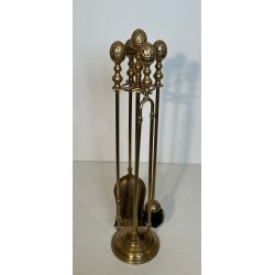 Neoclassical Style Brass Fireplace Companion Set with Spherical Pine Cone Finials, Baguès Style