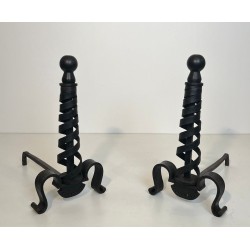 Pair of Modernist Wrought Iron Andirons with Spiral Columns and Ball Finials by Raymond Subes