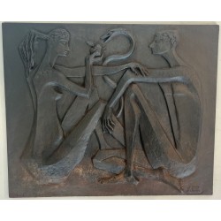 Modernist Cast Iron Fireback with Adam and Eve, Apple and Serpent, Signed Stern