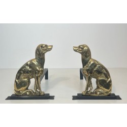 Pair of Art Déco Chiseled Bronze Sporting Dog Andirons on Black Iron Bases