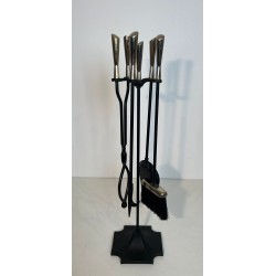 Modernist Black Lacquered Metal and Chrome Fireplace Companion Set with Diamond Finials