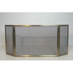Neoclassical Style Three-Panel Folding Brass and Wire Mesh Fireplace Screen