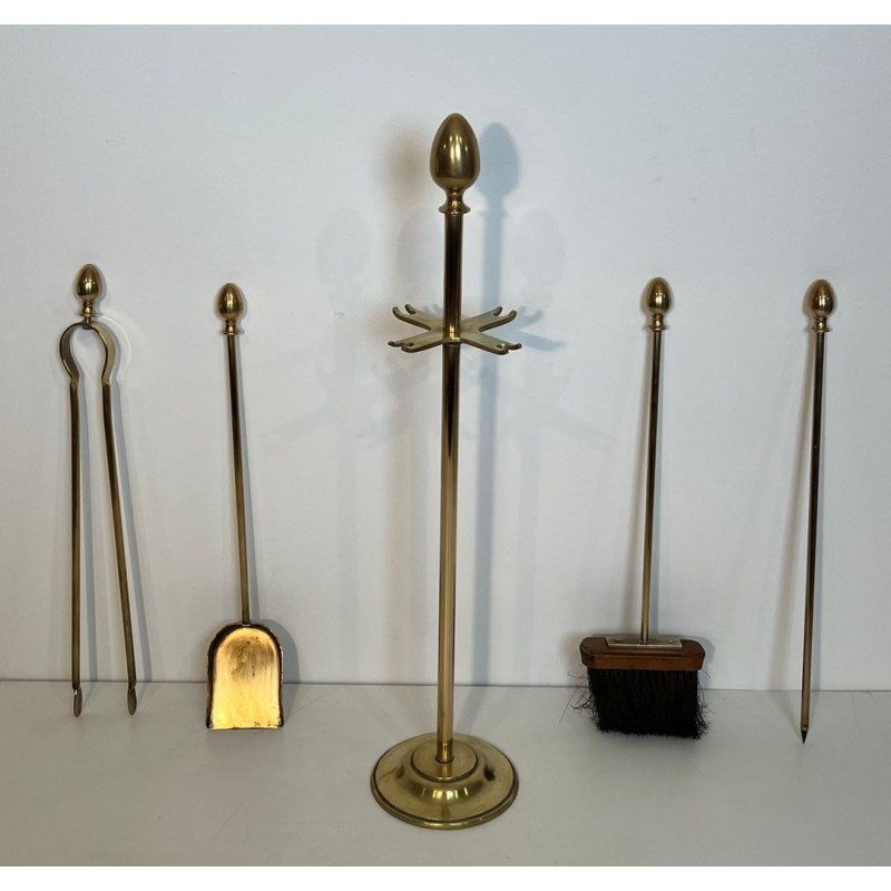 Neoclassical Brass Fireplace Companion Set with Egg Finials in the Style of Maison Jansen
