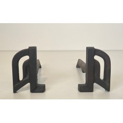 Pair of Small Modernist Cast Iron and Wrought Iron Andirons with Arch Uprights