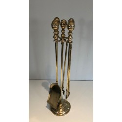 Neoclassical Brass Fireplace Companion Set with Pine Cone Finials, Baguès Style