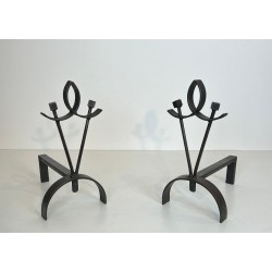 Pair of Modernist Wrought Iron Andirons with Loop Finial and Knob-Branch Uprights