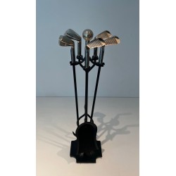Design Golf-Themed Fireplace Companion Set in Black Lacquered Metal with Chrome Golf Club Motifs