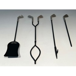 Design Golf-Themed Fireplace Companion Set in Black Lacquered Metal with Chrome Golf Club Motifs