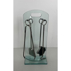 Design Fireplace Companion Set on Tempered Glass Stand with Chrome Ring-Handle Tools