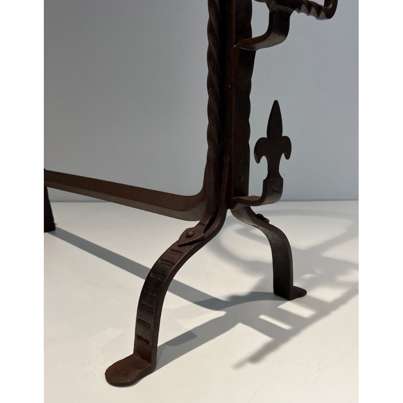 Important Pair of Gothic Style Wrought Iron Landiers with Fleur-de-Lys Spurs