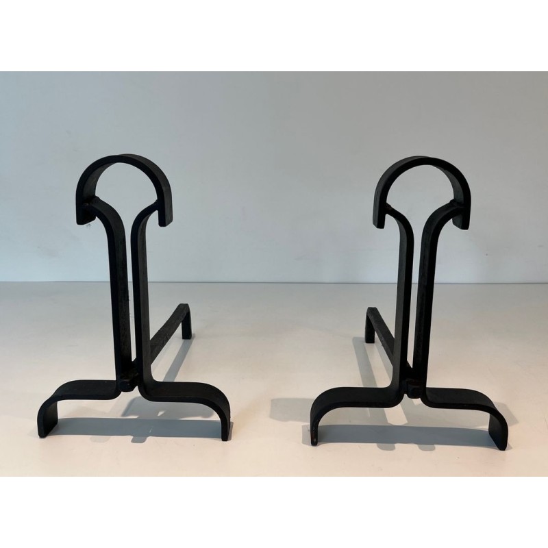 Pair of Modernist Wrought Iron Andirons with Teardrop Loop Finials and Splayed Bases