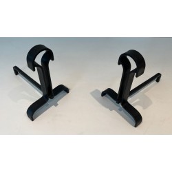 Pair of Modernist Wrought Iron Andirons with Teardrop Loop Finials and Splayed Bases