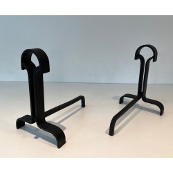 Pair of Modernist Wrought Iron Andirons with Teardrop Loop Finials and Splayed Bases