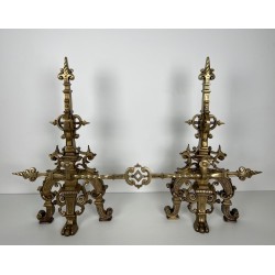 Important Pair of Renaissance Style Bronze Andirons with Connecting Bar