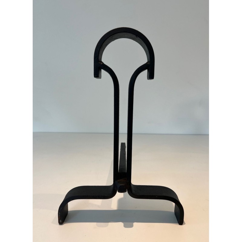 Pair of Modernist Wrought Iron Andirons with Teardrop Loop Finials and Splayed Bases
