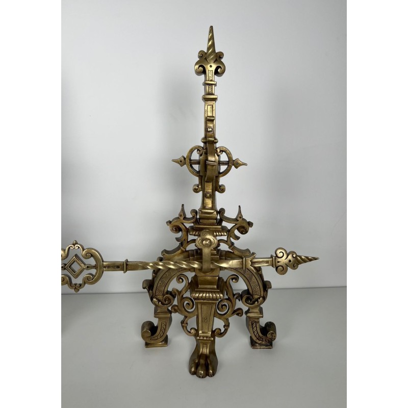 Important Pair of Renaissance Style Bronze Andirons with Connecting Bar