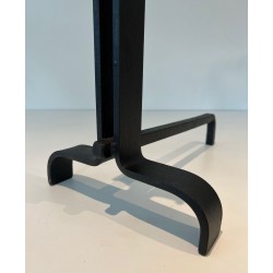 Pair of Modernist Wrought Iron Andirons with Teardrop Loop Finials and Splayed Bases