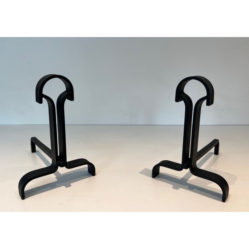 Pair of Modernist Wrought Iron Andirons with Teardrop Loop Finials and Splayed Bases