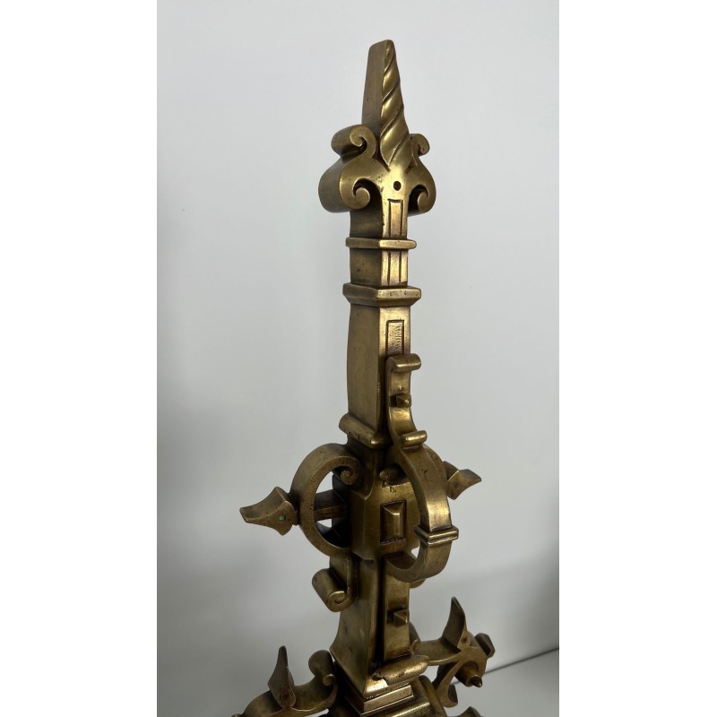 Important Pair of Renaissance Style Bronze Andirons with Connecting Bar