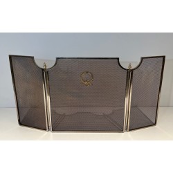 Neoclassical Three-Panel Wire Mesh Fireplace Screen with Brass Columns and Laurel Wreath
